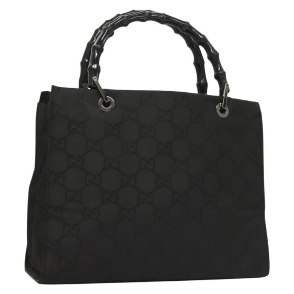 GUCCI GG Canvas Bamboo Hand Bag Nylon Black Silver Auth - Picture 1 of 16